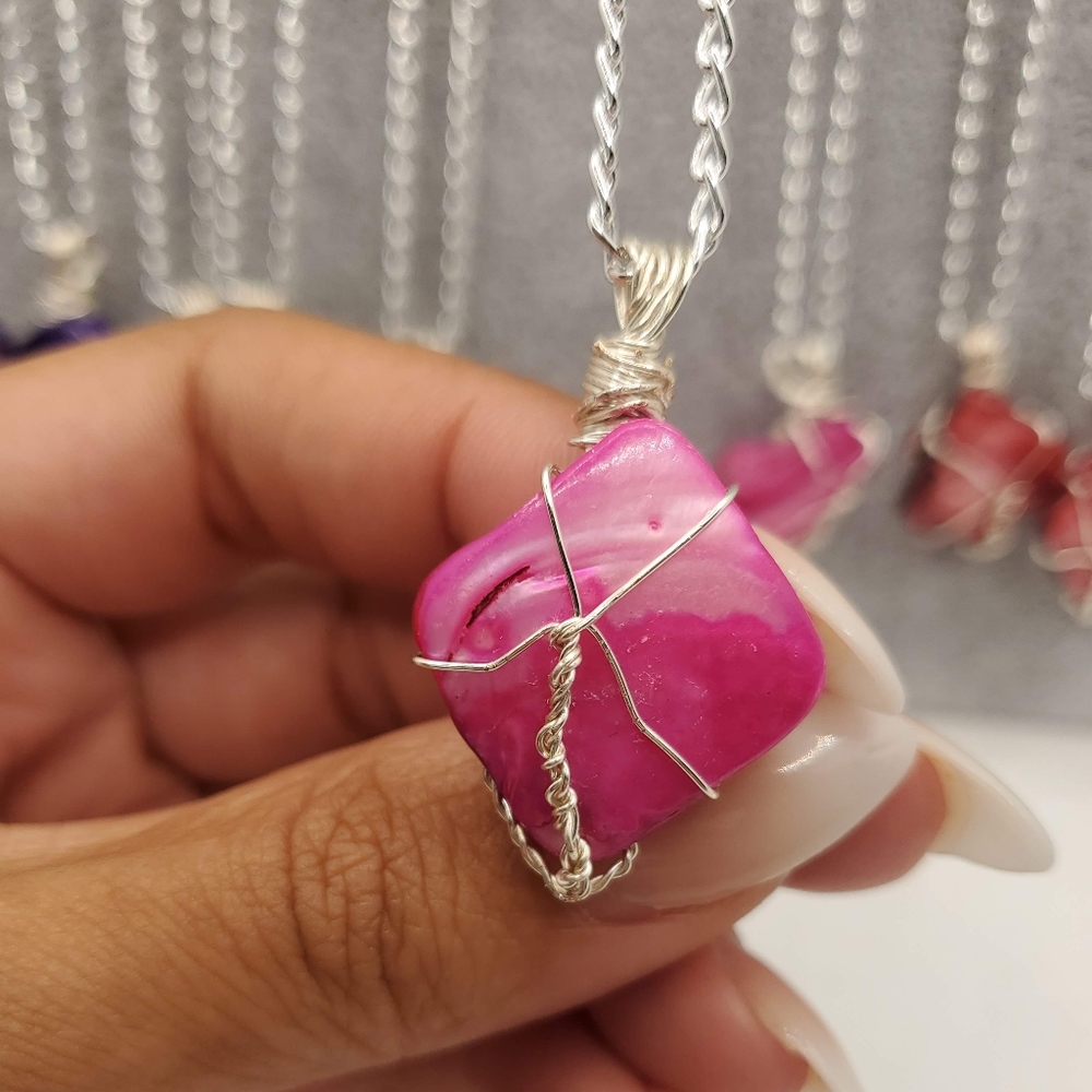 Wire Wrapped Pink Stone Necklace